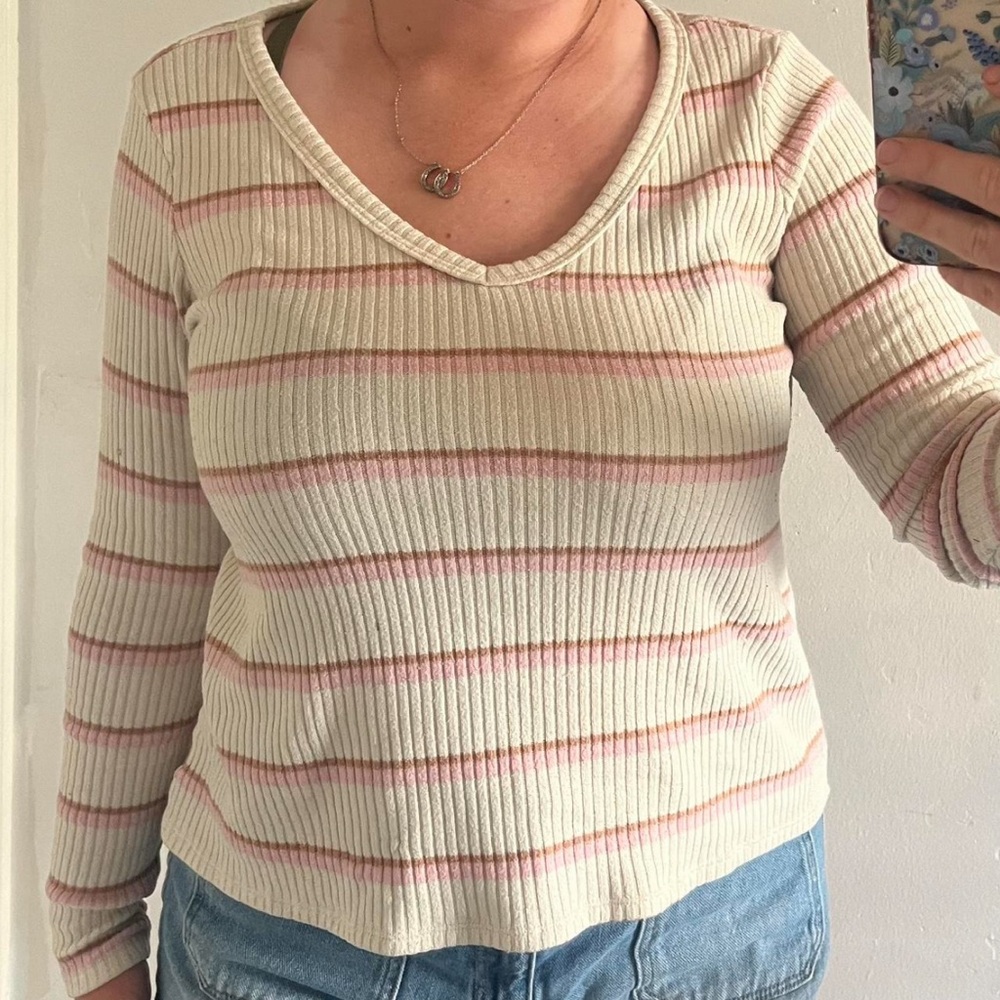 pink and cream ribbed long sleeve top